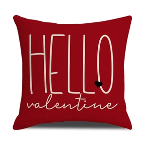 Macro detail of red linen Valentine pillow cover with HELLO valentine art text