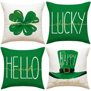 Set of four St. Patrick's Day pillow covers with lucky shamrock and linen texture