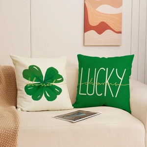Saint Patrick's Day linen pillow covers set with green clover and Lucky lettering