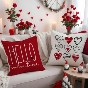 Valentine's Day red and cream linen pillow covers with heart patterns and lettering