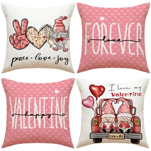 Set of 4 Valentine's Day pillow covers with gnomes, hearts, and truck prints on linen fabric