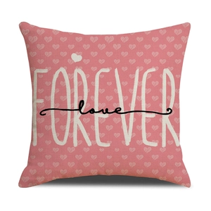 Detail of pink throw pillow case with Love Forever print and heart pattern texture