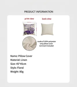 Detail view of linen lavender pillow cover showing dimensions 45x45cm and floral truck print