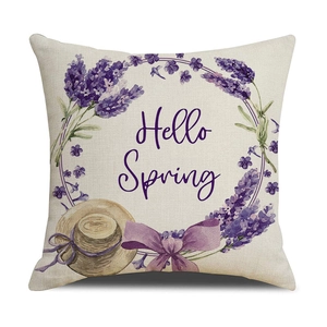 Linen lavender throw pillow cover with Hello Spring floral wreath and straw hat design