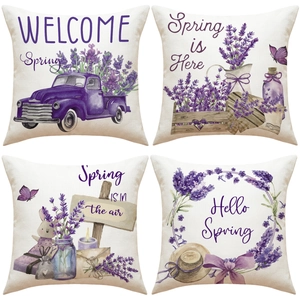 Lavender Spring Farmhouse Decorative Pillow Cover Linen Look Floral Truck Purple Butterfly Throw Cushion Cover Home Decor
