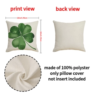 Square beige pillowcase with green clover watercolor print in durable polyester fabric