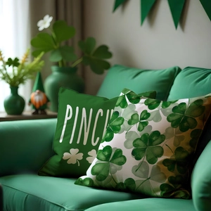 Detailed view of St. Patrick's Day clover pillow covers with canvas texture and stitching