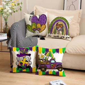Vierer-Set Mardi-Gras-Kissenbezüge mit Karnevalsmasken und festlichen Gnomen für das Sofa