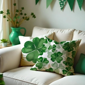 Green four-leaf clover throw pillow set on a sofa for St. Patrick's Day home decoration