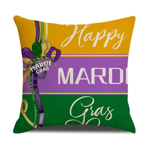 Detailed close-up of Mardi Gras pillow cover with Happy Mardi Gras text and jester hat print