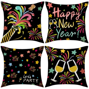 Happy New Year Pillow Covers Polyester Linen Texture Fireworks Champagne Pattern Festive Party Home Decor Sofa