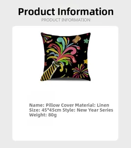 Detailed view of linen Happy New Year pillowcase showing dimensions and 45x45cm size specs