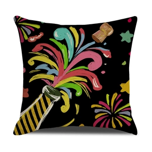 Decorative Happy New Year cushion cover with champagne and firework print on black fabric