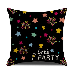 Detail of Let's PARTY square black pillow cover with colorful fireworks and stars design