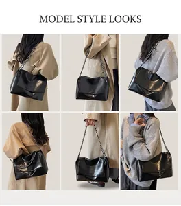 Detailed views of women's black glossy leather shoulder bag with silver chain straps