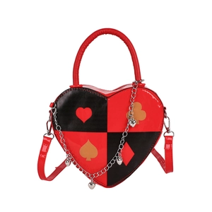 Stylish heart shaped bag with red and black poker print patterns and silver chain