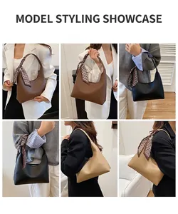 Hobo shoulder bag with decorative silk scarf handle shown in a versatile multi-angle view