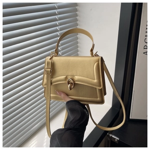 Detail of champagne gold square handbag featuring gold twist lock and adjustable strap