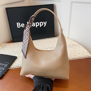 Women's Minimalist Crescent PU Leather Underarm Shoulder Bag With Satin Scarf Decoration Fashion Stitched Hobo Bag Daily Work