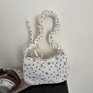 Women Nylon Underarm Bag Bow Heart Print Pleated Shoulder Strap Sweet Fresh Style Shoulder Bag Fashion Daily Commute Handbag