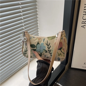 French vintage floral jacquard underarm bag with faux leather trim and bow charm