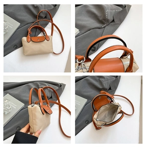 Vue en quatre volets du sac beige avec poignée orange, détails de l'intérieur et du zip