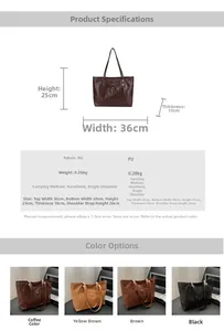 Detailed dimension guide and color options for the croc-embossed PU leather tote bag