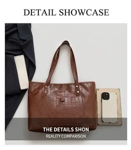 Detail view of brown crocodile texture tote bag showing large capacity for tablet and phone