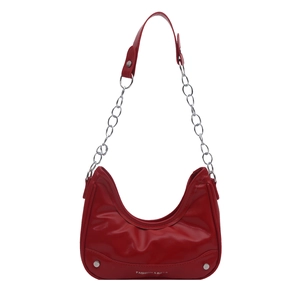Glossy red hobo shoulder bag with silver chain strap and metal rivet details