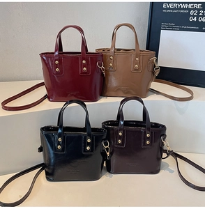 Chic patent leather crossbody bucket bags in burgundy, camel, black and dark coffee