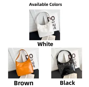 Detailed comparison of minimalist glossy PU leather shoulder bags in white, brown and black