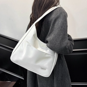 Minimalist white patent leather shoulder bag with large capacity for daily commuting