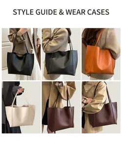 Five colors of minimalist PU leather tote bags shown on models for size and fit