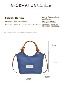 Dimensions du sac seau en denim bleu avec bretelles en cuir marron et étiquette mode