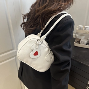 Minimalist white litchi pattern handbag with heart pendant for casual daily wear