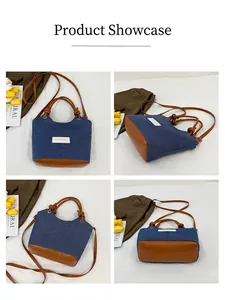 Vues détaillées du sac seau en denim avec détails en cuir marron et étiquette tissée