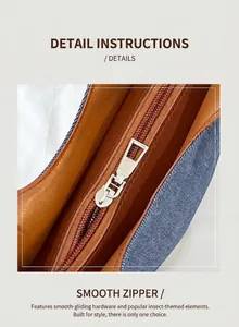 Détail de la fermeture éclair en métal argenté et du tissu denim du sac vintage