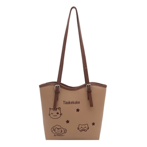 Chic light brown tote bag with cartoon cat print and adjustable dark brown straps