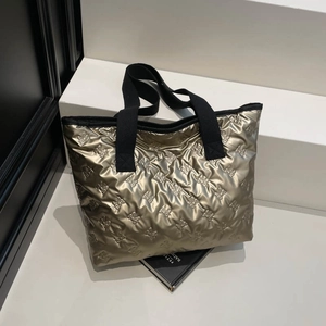 Women Large Capacity Metallic Quilted Tote Bag Butterfly Embossed Down Padded Shoulder Bag Fashion Versatile Winter Handbag Shopping Travel Bag