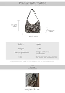 Size chart showing large leopard print tote bag dimensions 40x28x16cm and 100cm strap