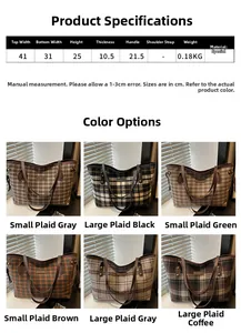 Size chart showing dimensions for the vintage plaid tote bag with detailed product parameters