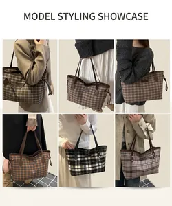Detailed grid view showcasing six color options of the plaid tote bag in use