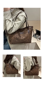 Détail du grand sac cabas imprimé léopard avec anses marron et cordon de serrage