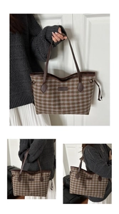 Detailed views of checkered tote bag with leather straps and drawstring accents