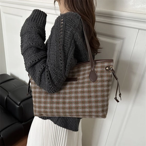 Retro plaid tweed tote bag with brown leather handles and adjustable side drawstrings
