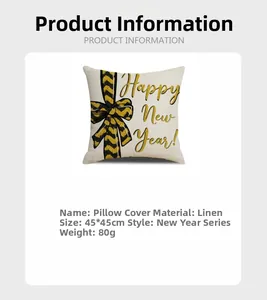 Linen cushion cover with gold Happy New Year print and black bow, 45x45 cm square