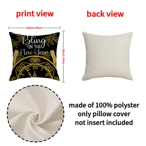 Black and gold Happy New Year pillow cover 18x18 inch featuring fireworks and clock design
