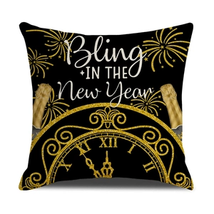 Detail of Happy New Year pillowcase with gold fireworks and champagne print on black