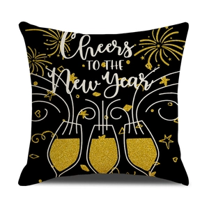 Black Happy New Year pillow cover with gold Cheers TO THE New Year print and fireworks