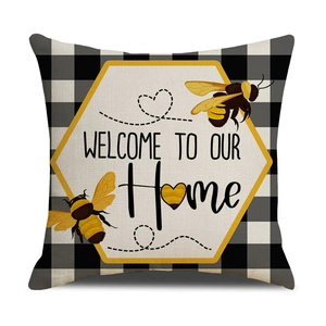Nordic style buffalo check pillow cover with bee print and Welcome to our Home text
